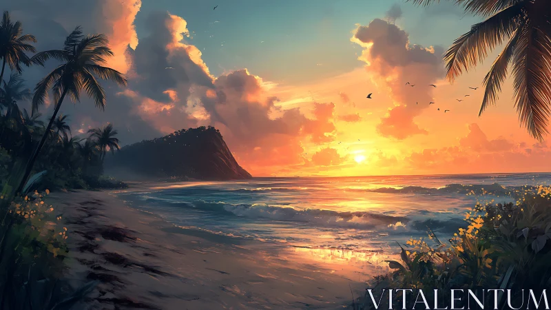 Sunset tidefire ignites a palm-wrapped tropical shoreline.