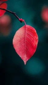 Solitary red leaf suspended against dark teal background.