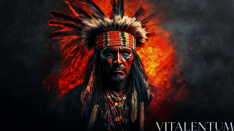 War-painted tribal leader emerges from incendiary abstract backdrop