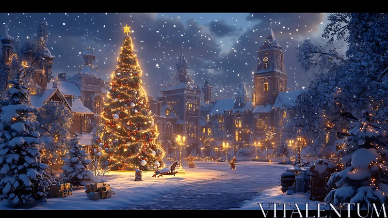 Snow-laden town square centers illuminated Christmas tree at dusk