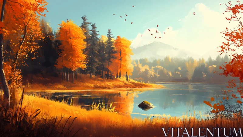 Autumn forest lake with orange trees and distant mountains.