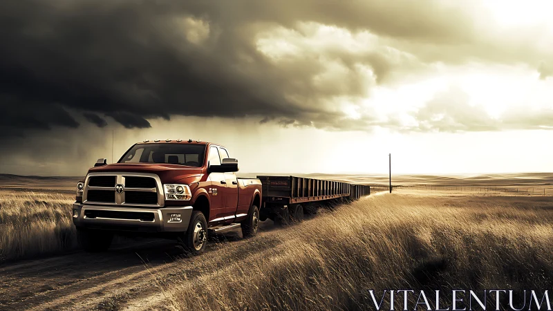 Bold red pickup waiting under stormy prairie skies.