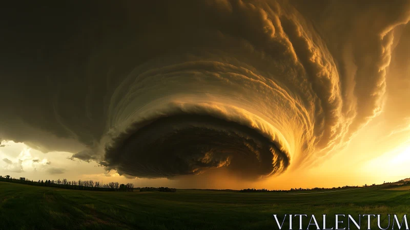 Storm-sculpted sky swirls above glowing sunset fields