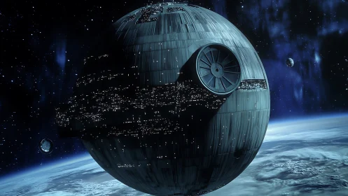 Massive spherical battle station orbiting a blue planet.