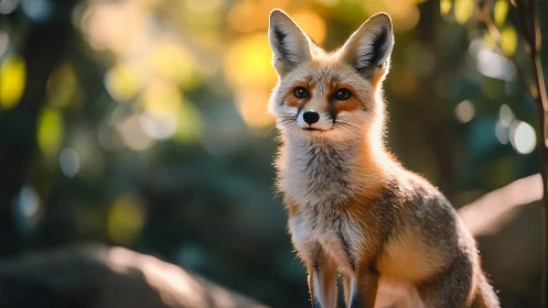 Photorealistic fox portrait with shallow-depth woodland bokeh.