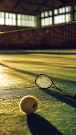 Tennis racket and ball on sunlit indoor court floor.