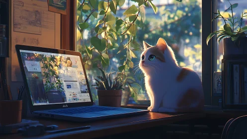 A White Cat's Peaceful Moment at Sunset by the Window