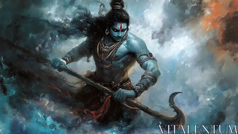 Mythic blue warrior brandishes hooked weapon amid storm clouds
