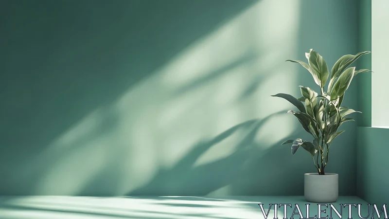 Sunlit potted houseplant in minimalist teal interior corner