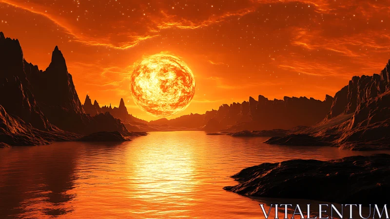 Molten starrise over alien crimson fjord of fire and glass.