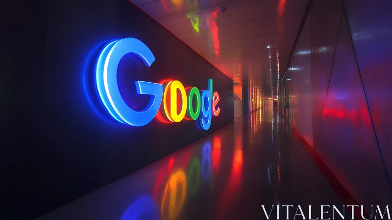 Chromatic Google wall sign in reflective office corridor.