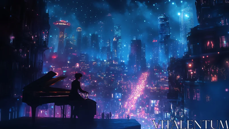 Nocturne pianist overlooking neon-drenched cyber cityscape.