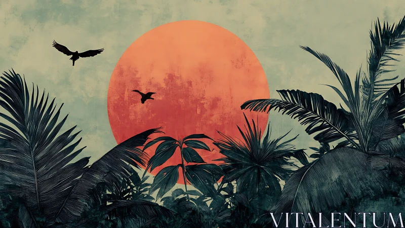 Tropical silhouettes cut against oversized red grunge sun.