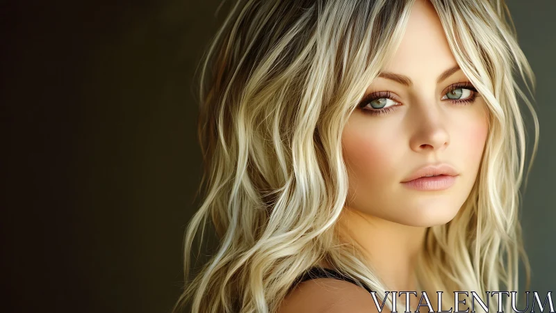 Soft-lit blonde portrait with contemplative sideward gaze.