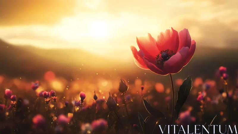 Red Poppies at Golden Hour Sunset.