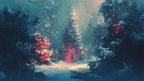 Luminous winter forest corridor with volumetric light scattering