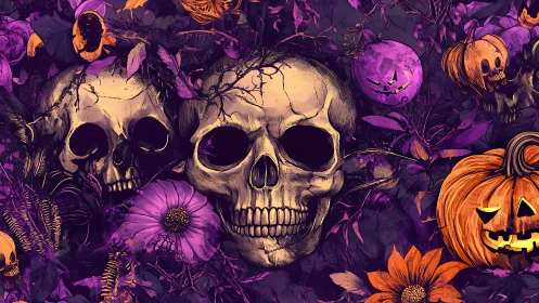Skulls, pumpkins and flowers in dense Halloween pattern.