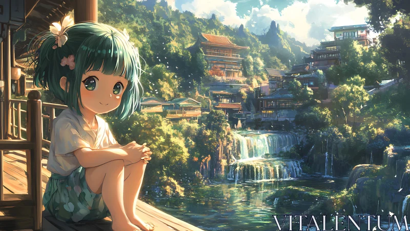 Hydraulic terrace village with reflective anime veranda portrait.