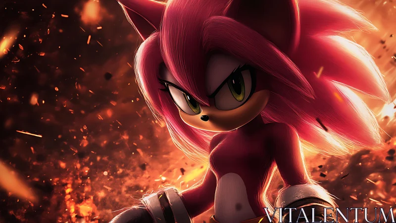 Flame-lit pink hedgehog warrior strides through emberstorm.
