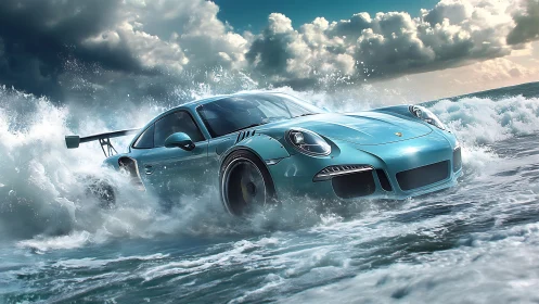 Sports coupe traverses dynamic ocean surface under clouds