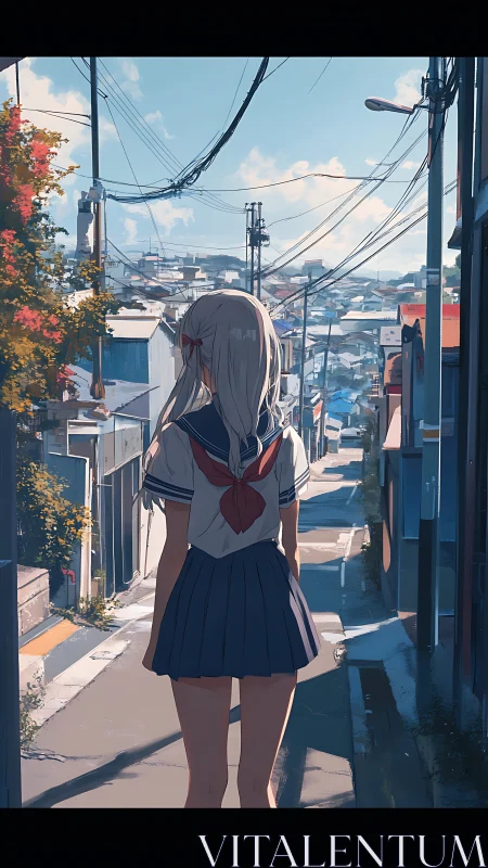 Schoolgirl overlooks sunlit coastal hillside town street.