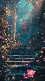Stone stairway through dense flowering garden foliage.