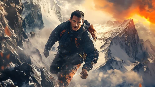 Dynamic alpine climber on rugged snowy ridge at sunrise