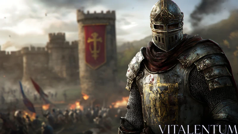Armored crusader stands before besieged medieval fortress