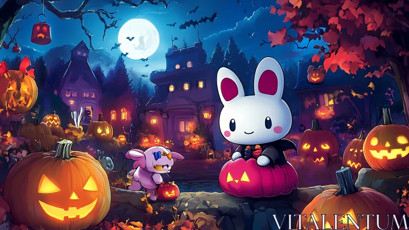 Nocturnal kawaii bunnies in jack-o’-lantern dense Halloween street.