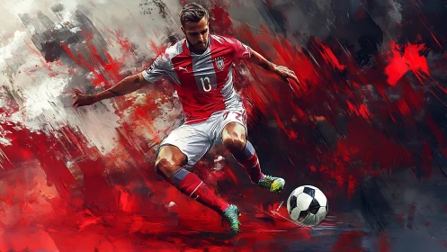 Dynamic soccer striker charges forward in vivid red energy
