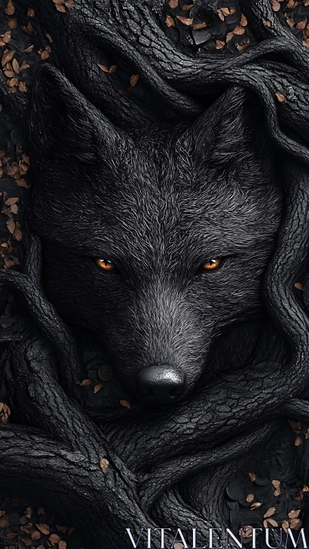 Black wolf head framed by dark tree roots and foliage.