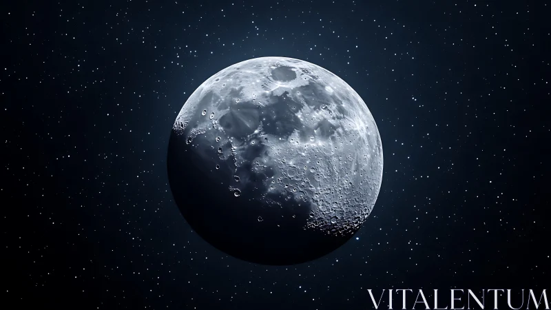 Lunar surface in sharp relief against star-dense night sky.