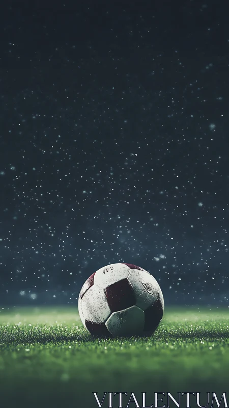Soccer ball on wet grass field under falling raindrops at night.
