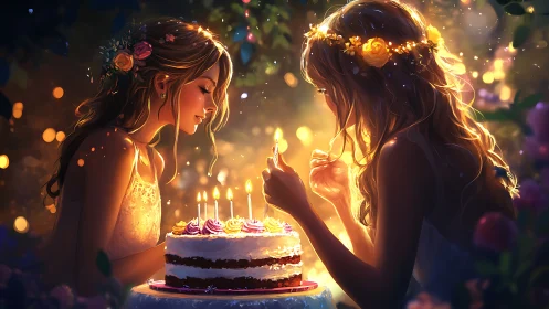 Two Figures with Illuminated Birthday Cake in Warm Setting.
