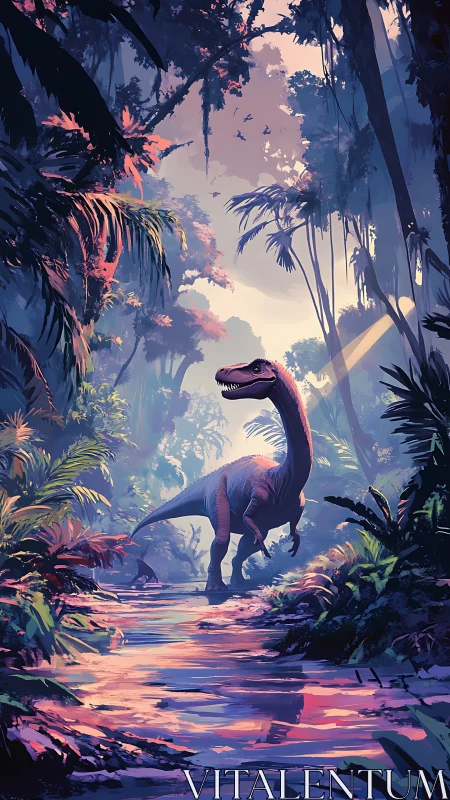 Digital painting of dinosaur in luminous prehistoric jungle scene.