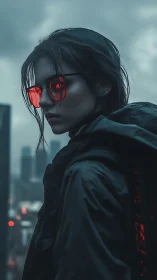 Red lens urban sentinel in teal-toned atmospheric gloom.