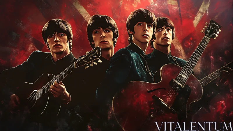 Legendary rock band captured in bold, glowing concert art.