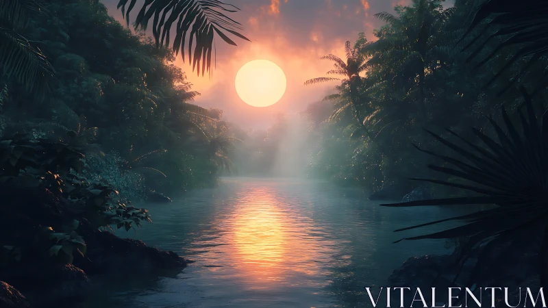 Jungle river hush under a glowing dreamlike sunset halo.