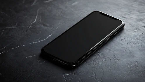 Black smartphone on textured slate surface with neutral lighting.