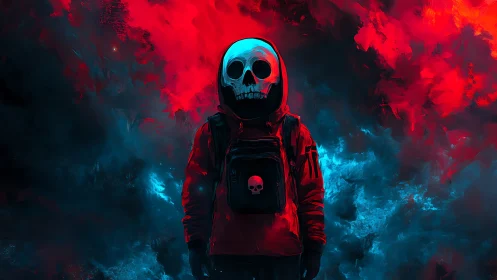 Skull-hooded wanderer in red jacket amid neon storm.