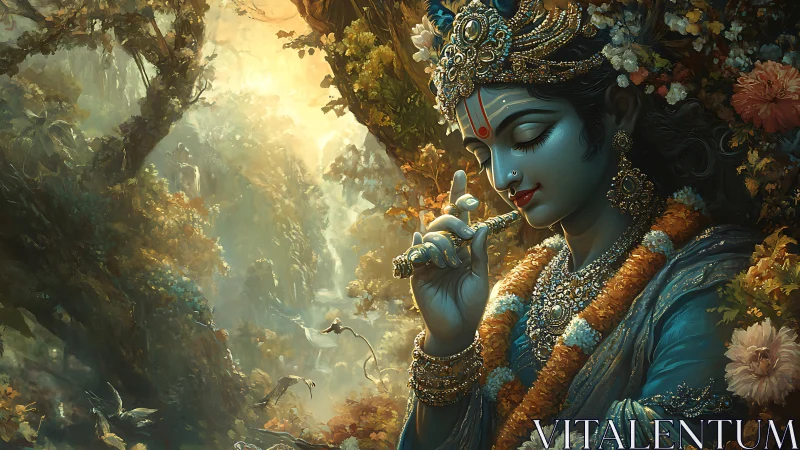 Gentle blue deity in a glowing forest of flowers and light.