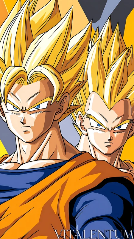 Two spiky haired anime warriors stare forward with intensity