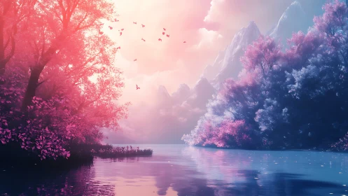 Chromatic valley lake with spectral foliage and diffuse light.