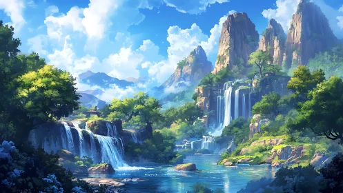 Luminous mountain waterfalls within a lush fantasy valley.