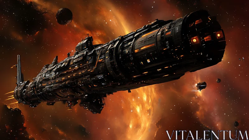 Massive interstellar battleship in dense orange nebula field.