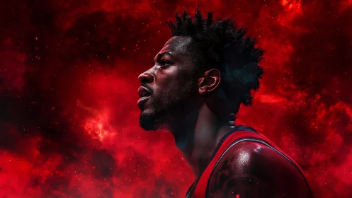 Stellar court warrior crowned in cosmic red thunderstorm.