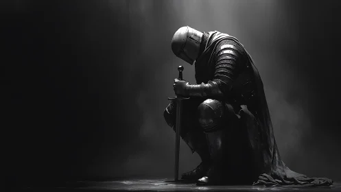 Silent knight at rest in shadows and soft silver light.