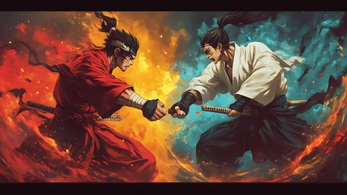 Dynamic anime duel with elemental samurai and split palette.