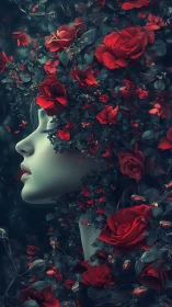 Silent pale profile merges with dense halo of crimson roses