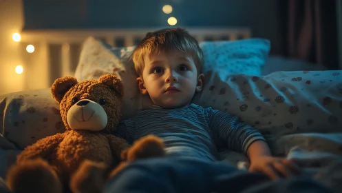 Toddler in crib with teddy bear under warm ambient lighting.